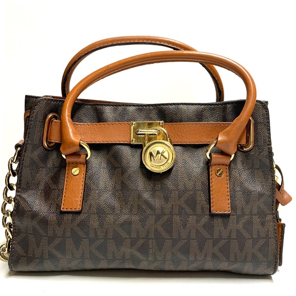 Michael Kors Hamilton East West Satchel Tote | Brown MK Logo Canvas Gold Padlock - Picture 1 of 15